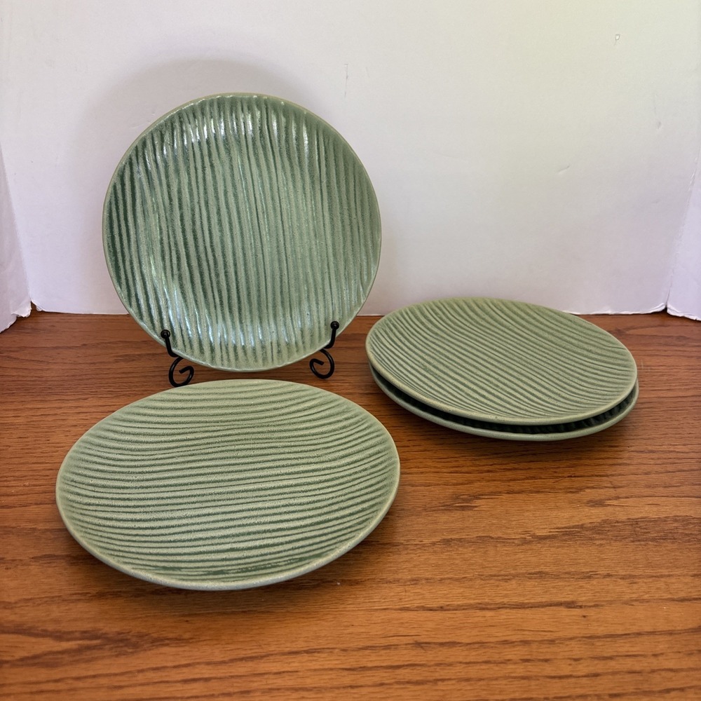 Pier 1 Per210 Two‎ Tone Green Textured Body Stoneware 8" Salad Plate Set Of 4